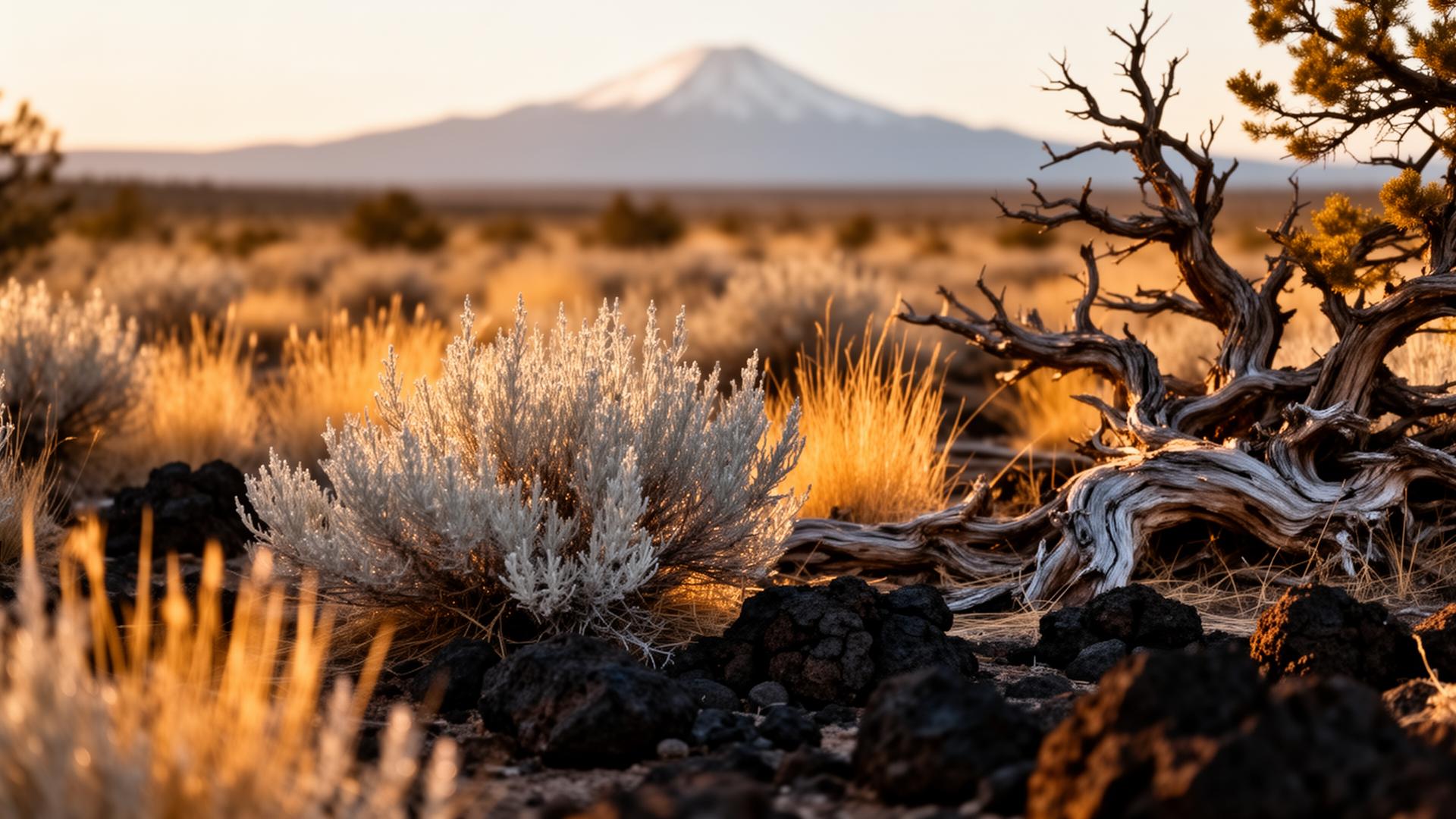 The Central Oregon high desert at golden hour, with the Cascade range beyond