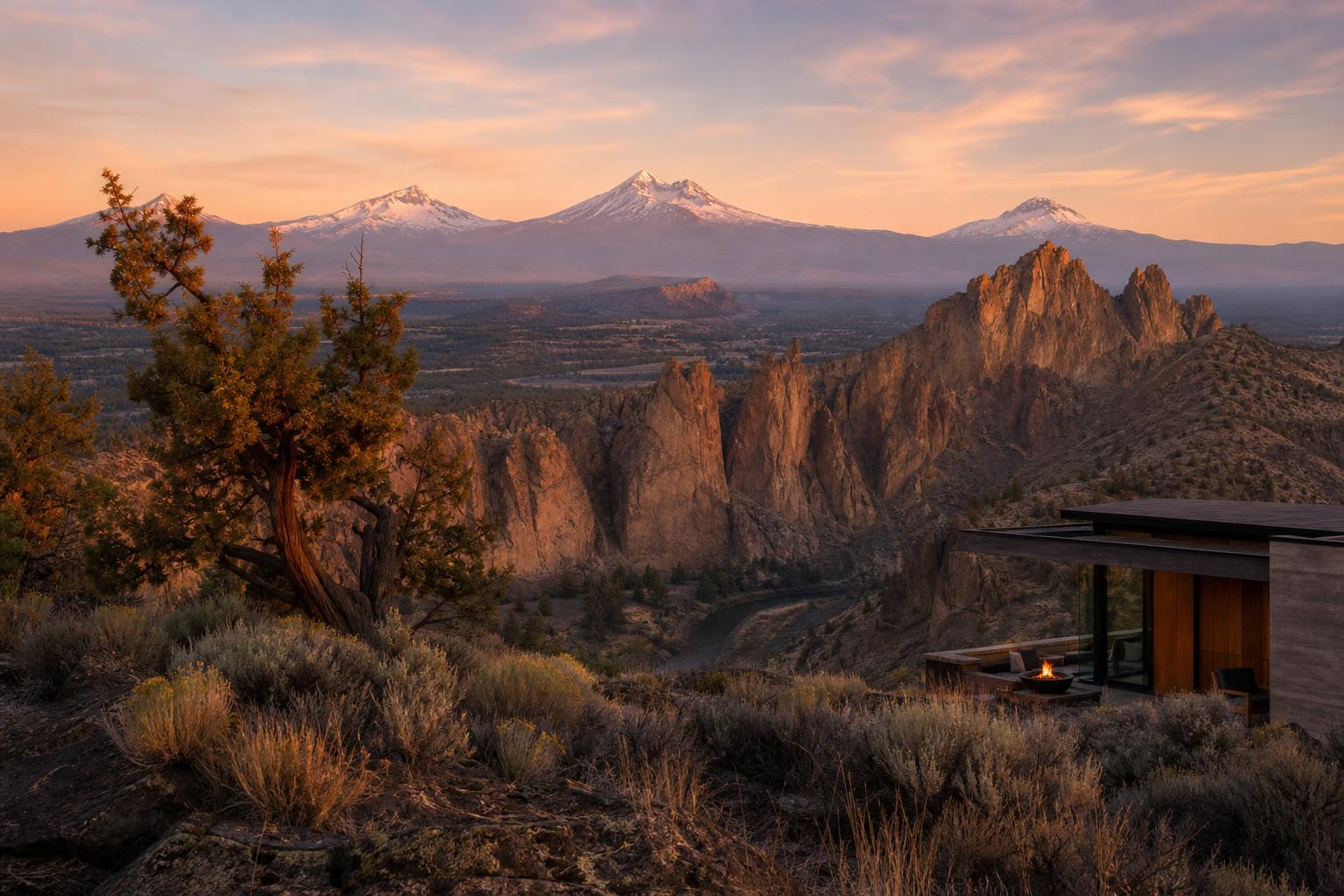 A modern Brasada Ranch style home in the Central Oregon high desert at golden hour with the Cascade mountains in the distance